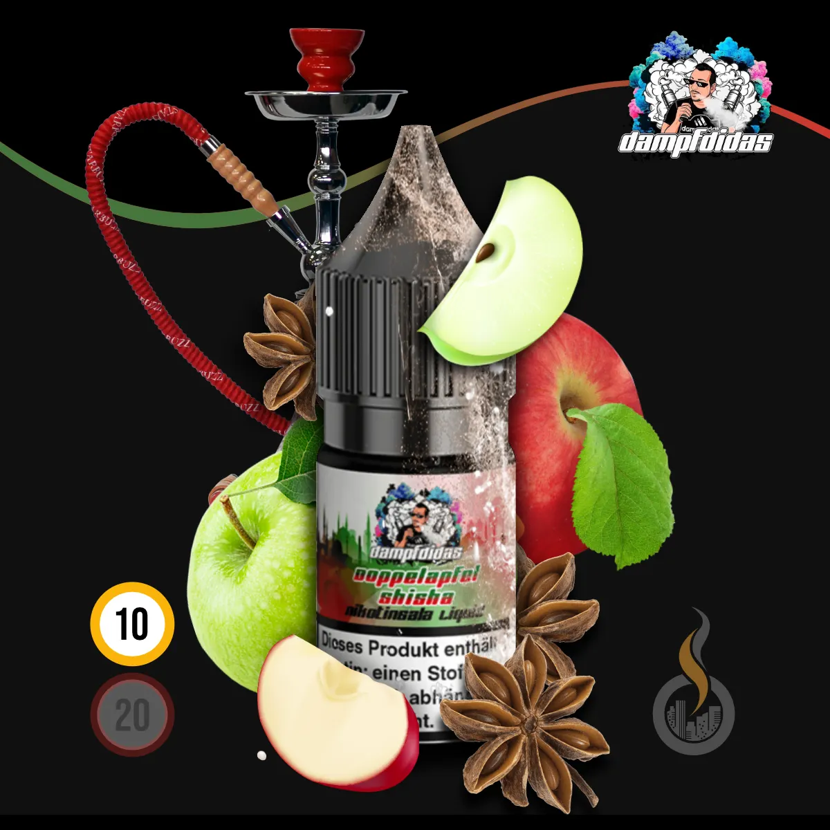 DAMPFDIDAS Doppelapfel Shisha Nikotinsalz Liquid - 10 ml SW18073 Nikotinstärke wählen: 10 mg (NIKOTINSALZ) Bild 1